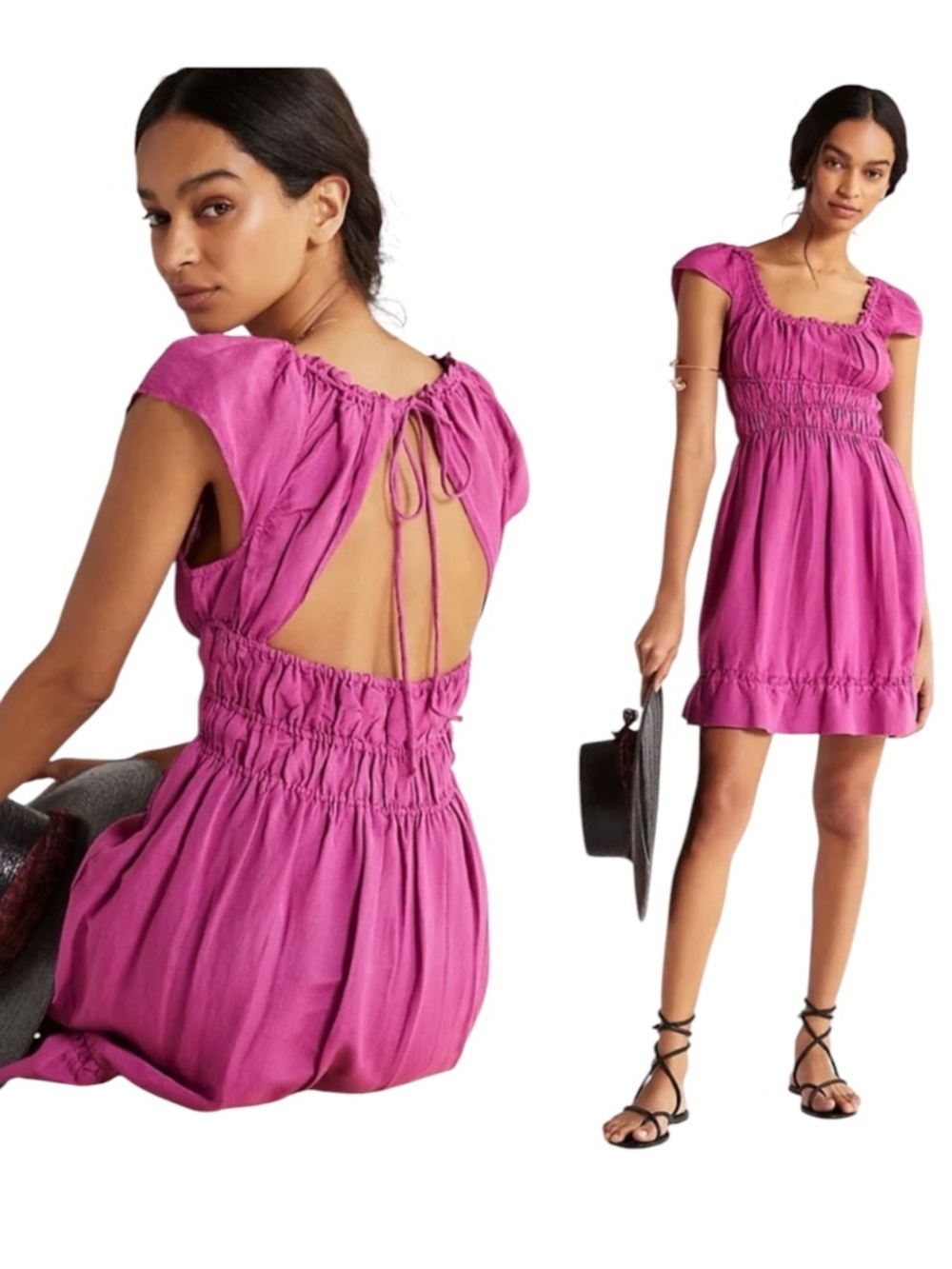 Anthropologie Raspberry Linen Smocked Waist Mini Dress Open Back Tie Size Small